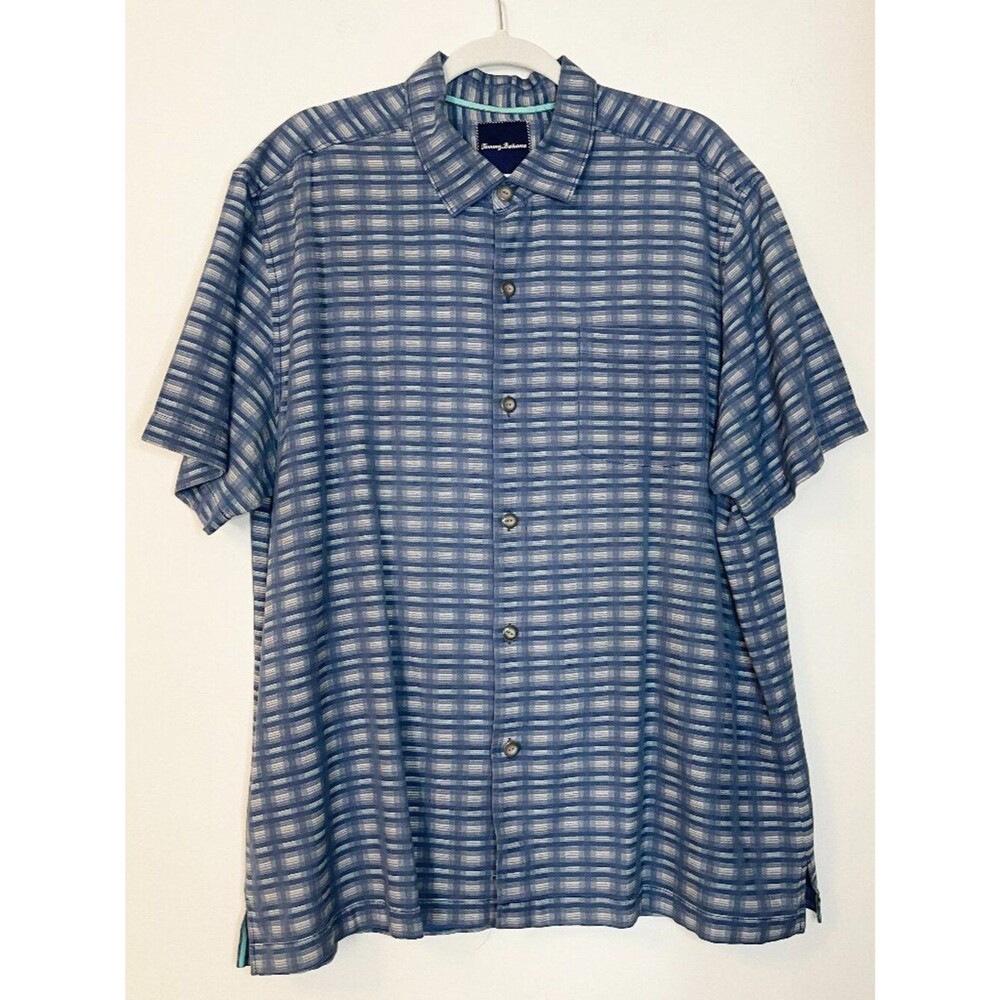 Tommy Bahama Blue Silk Cotton Plaid Camp Shirt Men's XL Short Sleeve Button